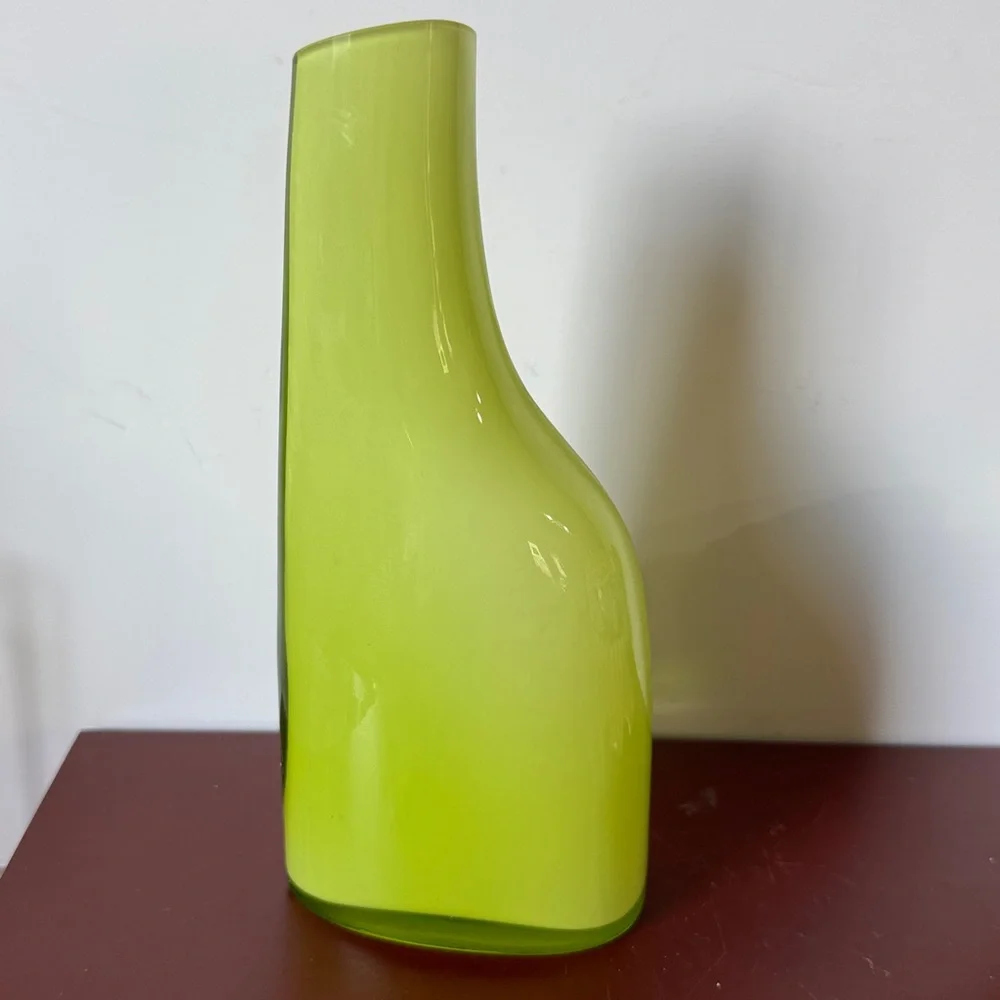 Vintage IKEA Okkso cased lime green glass asymmetrical bud vase. 1990’s